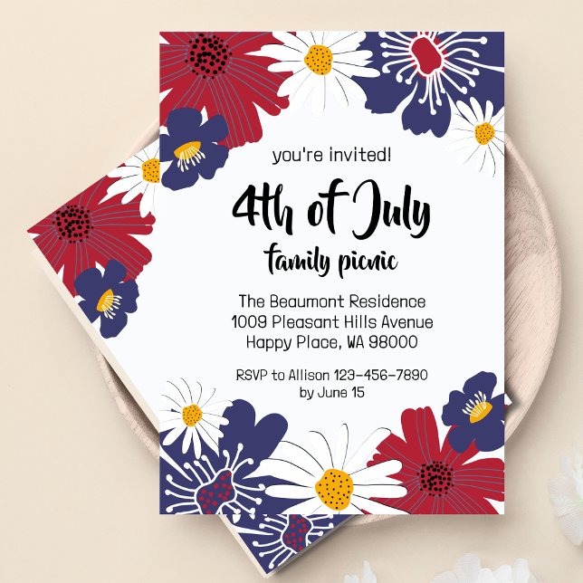 Fourth of July 4th Retro Floral Party Invitation (Retro floral 4th of July party invitation, front and back.)