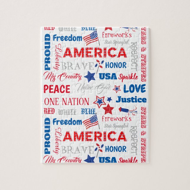 Fourth of July America USA Words Personalised Text Jigsaw Puzzle (Vertical)