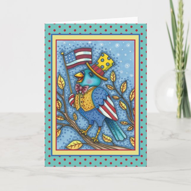 FOURTH OF JULY BLUEBIRD TWEET, AMERICAN FLAG Blank Holiday Card (Front)