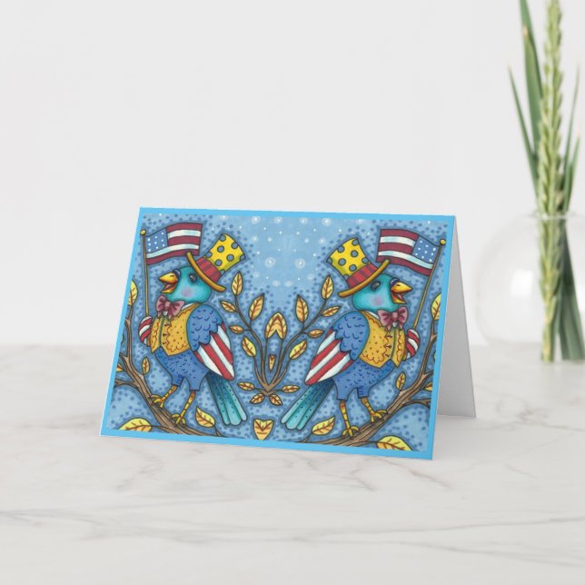 FOURTH OF JULY BLUEBIRD TWEET, AMERICAN FLAG Cute Holiday Card (Front)