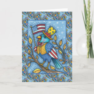 FOURTH OF JULY BLUEBIRD TWEET, AMERICAN FLAG Cute Holiday Card