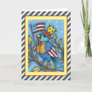 FOURTH OF JULY BLUEBIRD TWEET, AMERICAN FLAG Cute Holiday Card