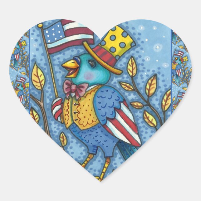 FOURTH OF JULY BLUEBIRD TWEET, AMERICAN FLAG USA HEART STICKER (Front)