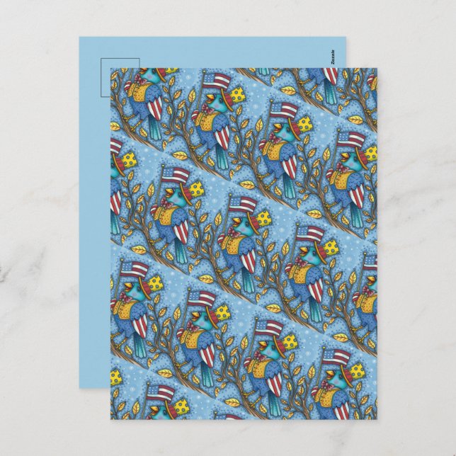 FOURTH OF JULY BLUEBIRD TWEET, AMERICAN FLAG USA HOLIDAY POSTCARD (Front/Back)