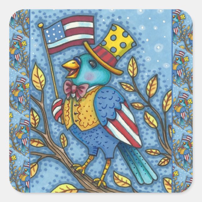 FOURTH OF JULY BLUEBIRD TWEET, AMERICAN FLAG USA SQUARE STICKER (Front)