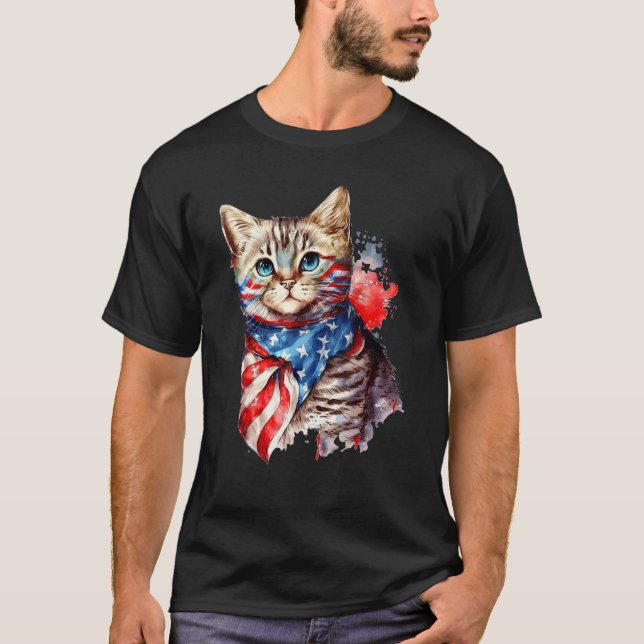 Fourth of July Cat American Flag America Patriotic T-Shirt (Front)