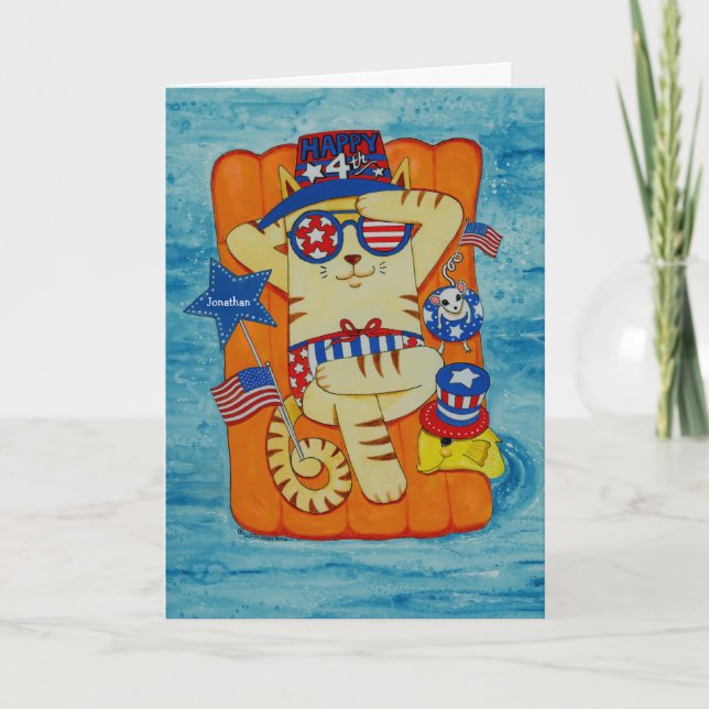 Fourth of July Cat in Hat with Mouse and Fish Card (Front)