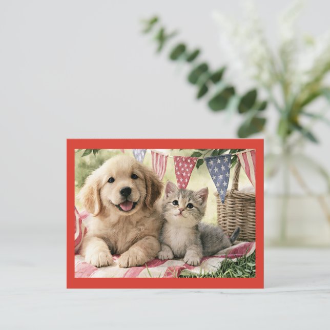 Fourth of July decorations and cute pets, Postcard (Standing Front)