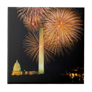 Fourth of July, Firework Display, Skyline Ceramic Tile