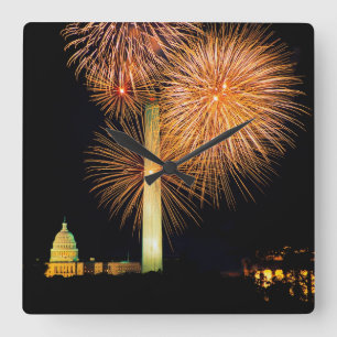 Fourth of July, Firework Display, Skyline Square Wall Clock