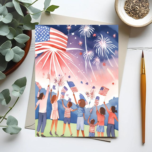 Fourth of July Fireworks | Watercolor USA Flag Postcard (Creator Uploaded)