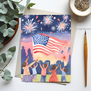 Fourth of July Fireworks   Watercolor USA Holiday Postcard