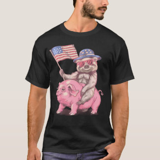 Fourth Of July Funny Sloth Pig American Flag Ameri T-Shirt