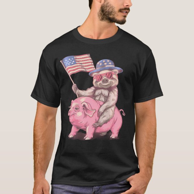 Fourth Of July Funny Sloth Pig American Flag Ameri T-Shirt (Front)