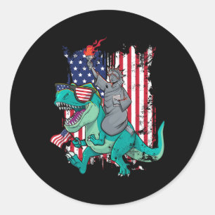 Fourth Of July Funny Statue Of Liberty Riding Dino Classic Round Sticker