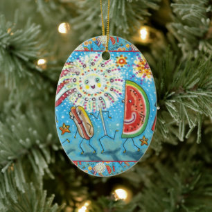 FOURTH OF JULY GANG, PARADE & FIREWORKS HOLIDAY CERAMIC ORNAMENT