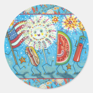 FOURTH OF JULY GANG, PARADE & FIREWORKS HOLIDAY CLASSIC ROUND STICKER