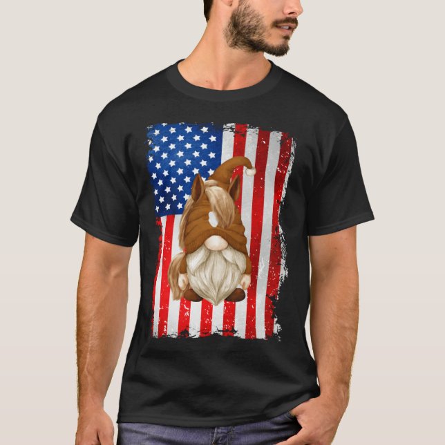 Fourth Of July Gnome Graphic Patriotic Horse Ameri T-Shirt (Front)