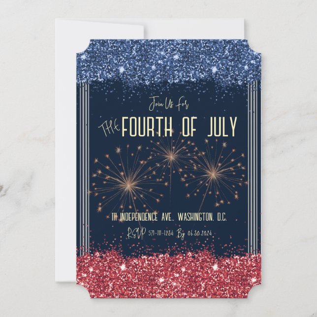 Fourth of July Invitation Blue & Red Sparkle (Front)