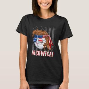 Fourth Of July Meowica American Flag Cat Mullet T-Shirt