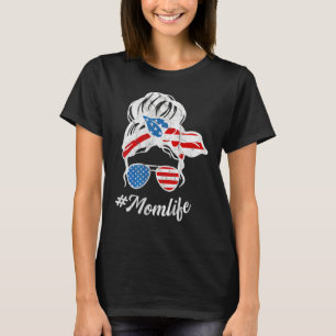Fourth Of July Mum Life Messy Bun Women's Cute Ame T-Shirt