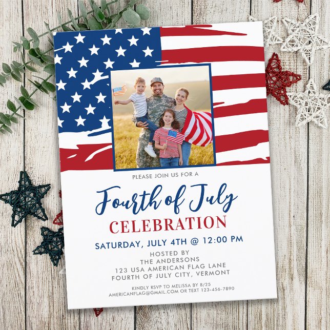 Fourth Of July Party American Flag Family Photo Invitation Postcard (Creator Uploaded)