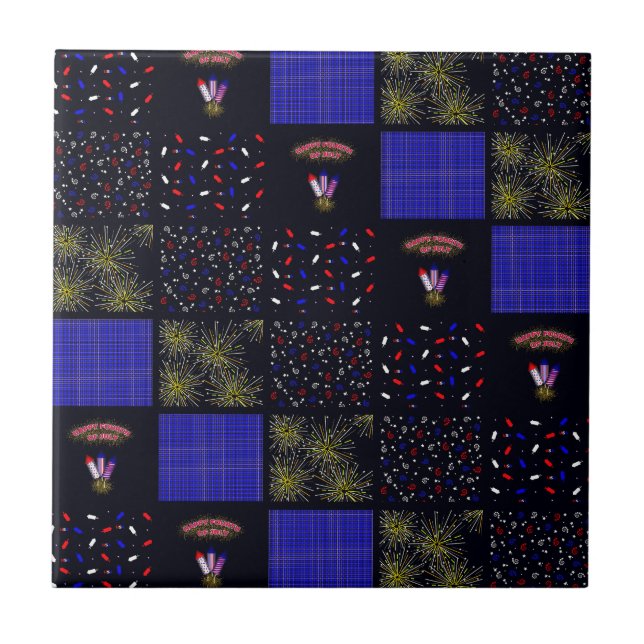 Fourth of July Patchwork Pattern - July 4th Ceramic Tile (Front)