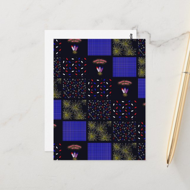 Fourth of July Patchwork Pattern - July 4th Postcard (Front/Back In Situ)