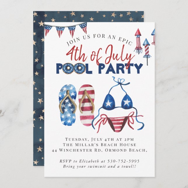 Fourth of July Pool Party Invitation (Front/Back)