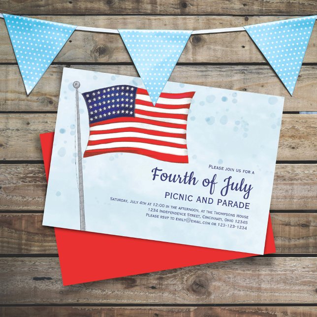 Fourth of July Red White and Blue Flag Custom Invitation (Celebrate the Fourth of July in Style with this watercolor custom invitation. )
