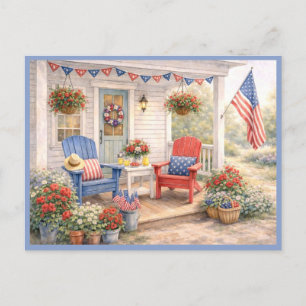 Fourth Of July Summer Porch Watercolor Art Postcard
