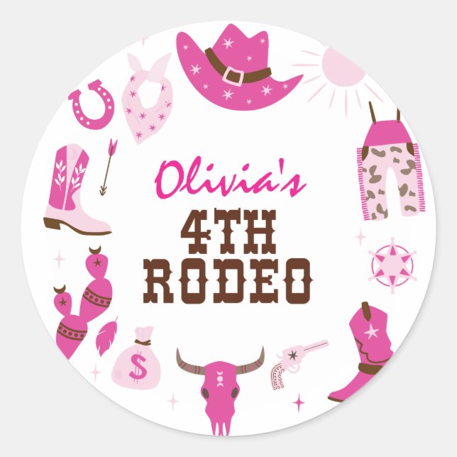 Fourth Rodeo Pink Western Cowboy 4th Birthday Classic Round Sticker (Front)
