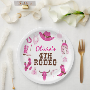 Fourth Rodeo Pink Western Cowboy 4th Birthday Paper Plate