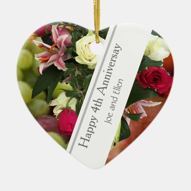 Fourth Wedding Anniversary Fruit and Flowers Ceramic Ornament (Front)