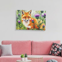 Fox Among Purple Thistle Flowers Watercolor