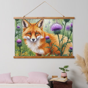 Fox Among Purple Thistle Flowers Watercolor Hanging Tapestry