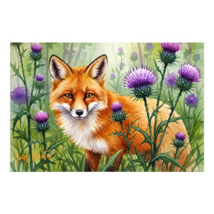 Fox Among Purple Thistle Flowers Watercolor Photo Print