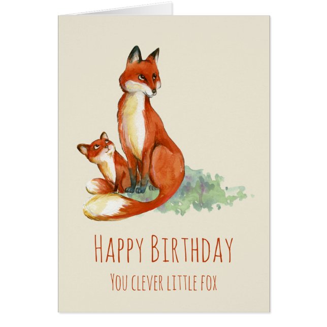 Fox and Baby Watercolor Birthday Clever Fox (Front)