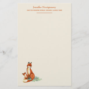Fox and Baby Watercolor Illustration Personalised Stationery