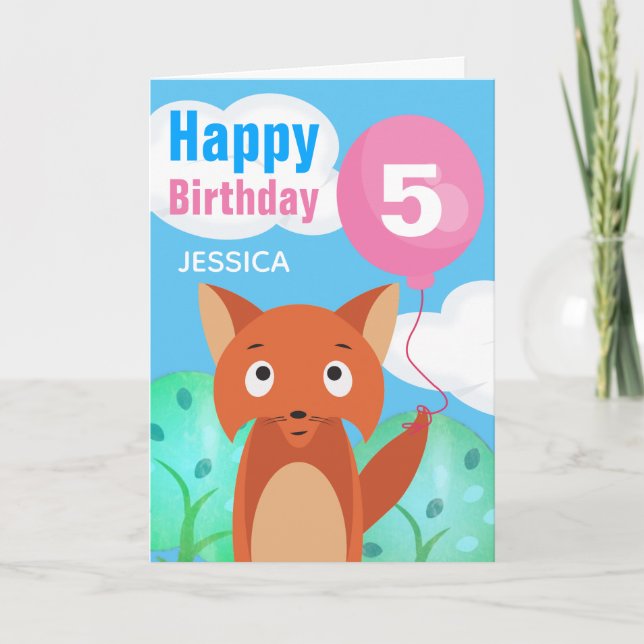 Fox and Balloon Kids Personalised Birthday Any Age Card (Front)