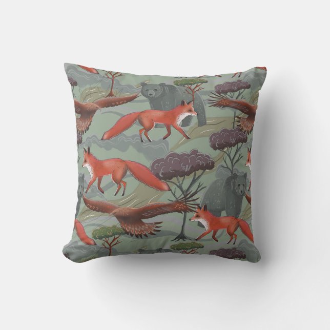 Fox and bear green cushion (Front)