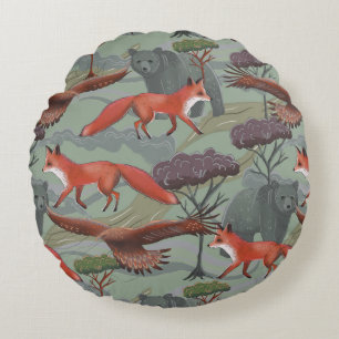 Fox and bear green round cushion