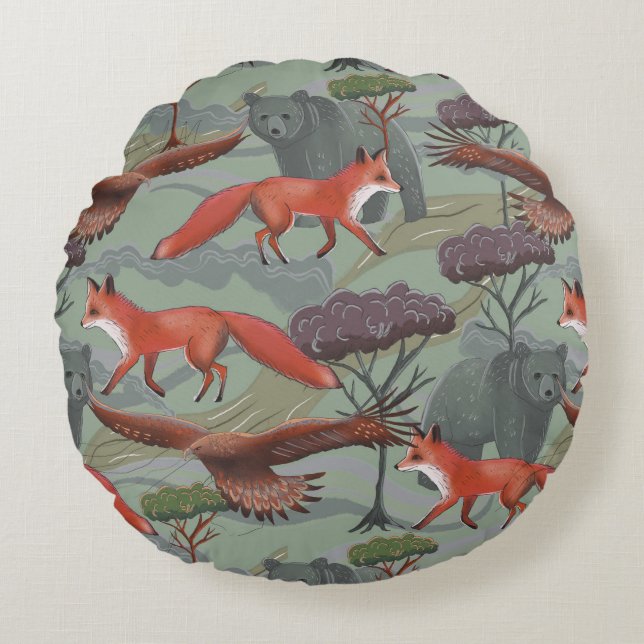 Fox and bear green round cushion (Front)