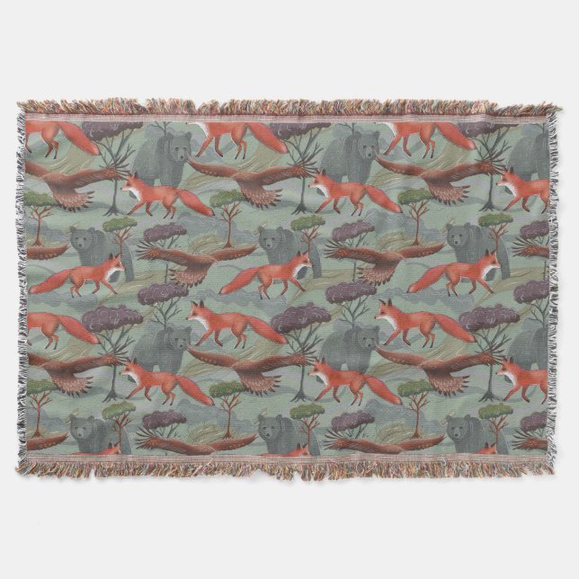 Fox and bear green throw blanket (Front)
