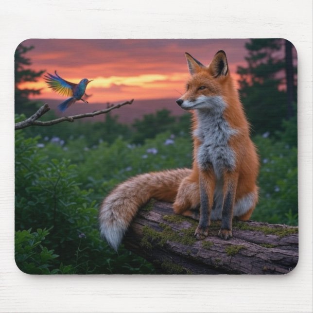 Fox and Bird at Sunset in Forest Scene Mouse Pad (Front)