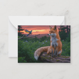 Fox and Bird at Sunset in Forest Scene with Quote Card