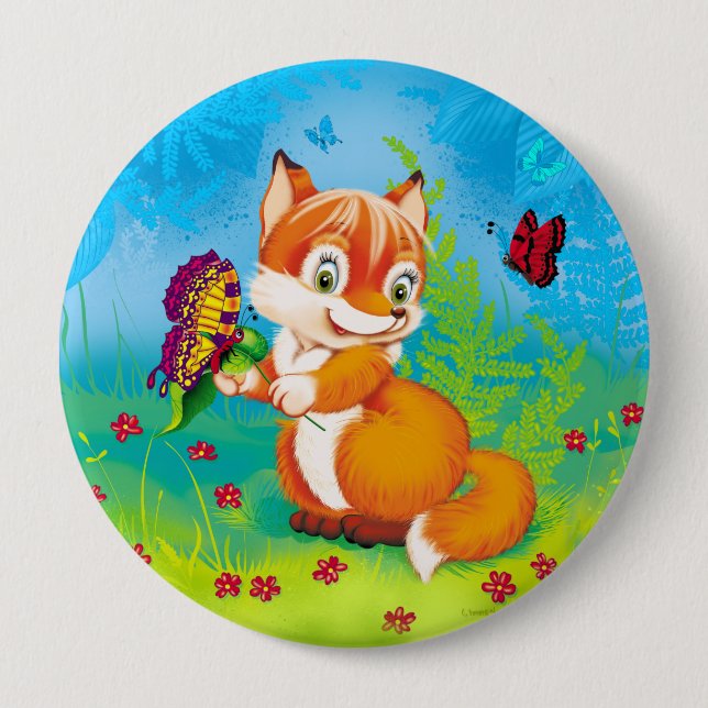 fox and butterfly 10 cm round badge (Front)