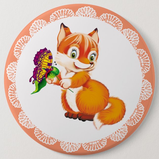 fox and butterfly 6 cm round badge (Front)