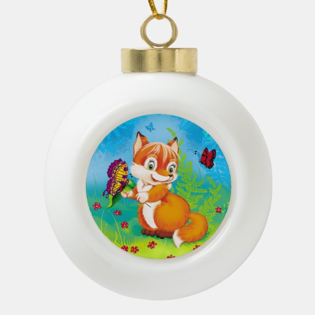 fox and butterfly ceramic ball christmas ornament (Front)