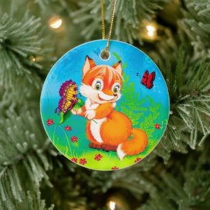 fox and butterfly ceramic tree decoration
